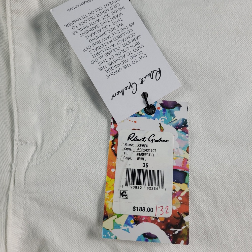 Robert Graham Perfect Fit Jeans Men's 36x33.5 White Straight Leg Trousers NEW - Picture 2 of 14